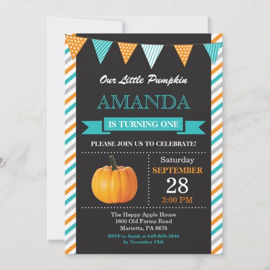 Invitation d'anniversaire citrouille Orange Aqua T (Devant)