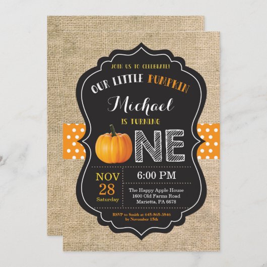 Invitation d'anniversaire Citrouille Orange Burlap (Devant / Derrière)