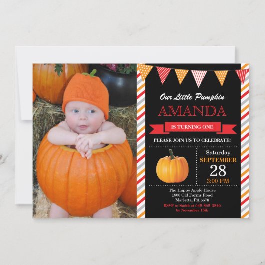 Invitation d'anniversaire Citrouille Orange et Rou (Devant)
