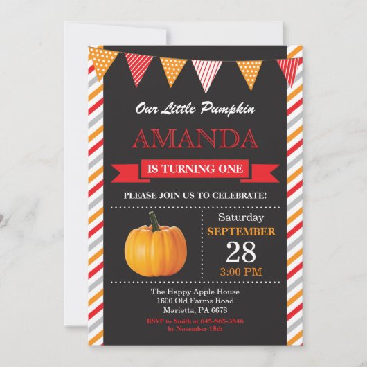 Invitation d'anniversaire Citrouille Orange et Rou (Devant)