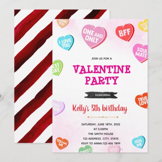 Invitation d'anniversaire Cœurs de conversation (Devant / Derrière)