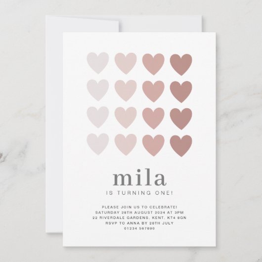 Invitation d'anniversaire coeurs ombrés rose (Devant)