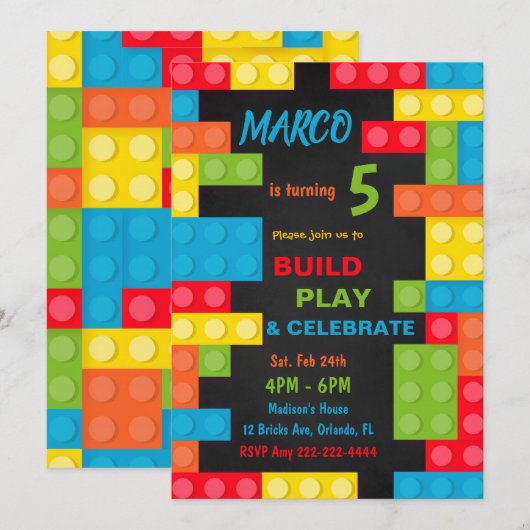 Invitation d'anniversaire Colorée Blocs de Constru (Devant / Derrière)