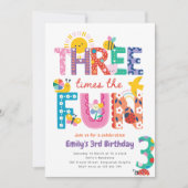 Invitation d'anniversaire colorée de 3 ans, Trois (Devant)
