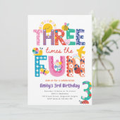 Invitation d'anniversaire colorée de 3 ans, Trois (Debout devant)