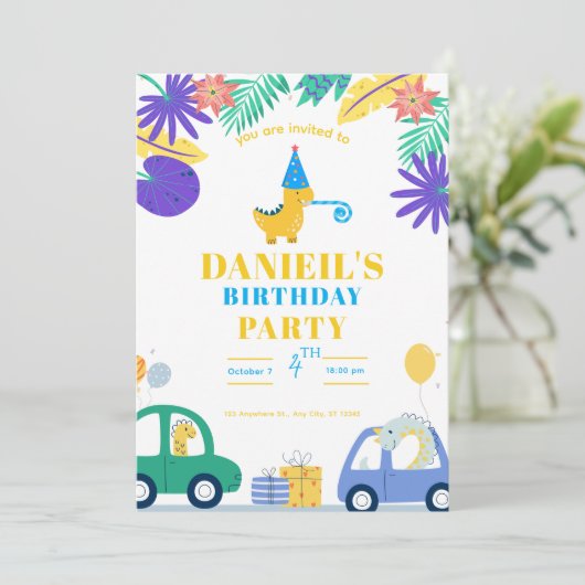 Invitation d'anniversaire colorée de dinosaure pou (Debout devant)