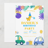 Invitation d'anniversaire colorée de dinosaure pou (Devant / Derrière)