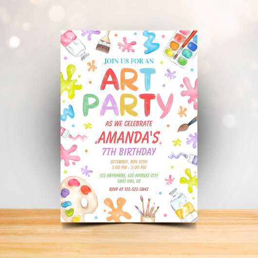 Invitation d'anniversaire colorée pour fête d'art