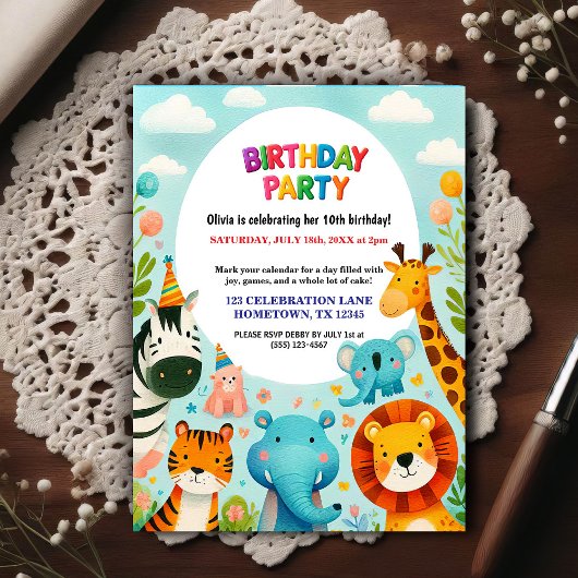 Invitation d'anniversaire colorée pour les animaux