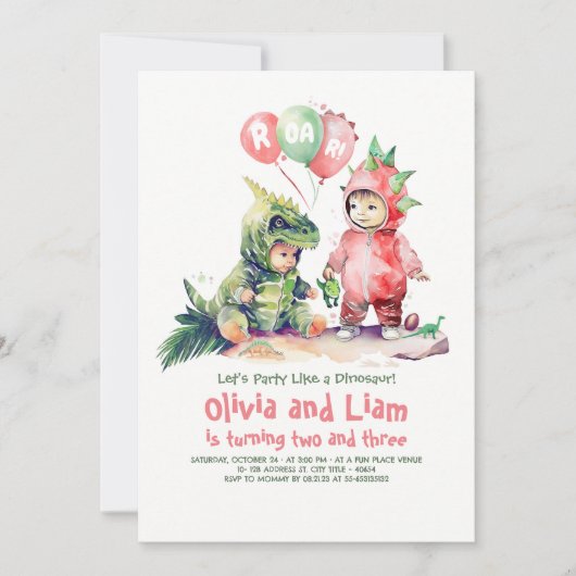 Invitation d'anniversaire conjointe de Dinosaur ga (Devant)