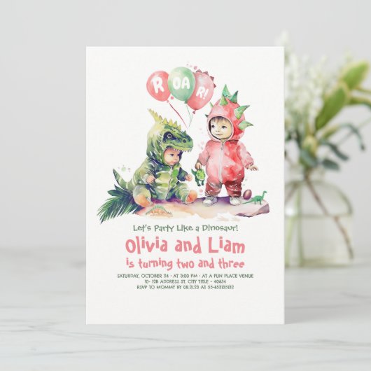 Invitation d'anniversaire conjointe de Dinosaur ga (Debout devant)