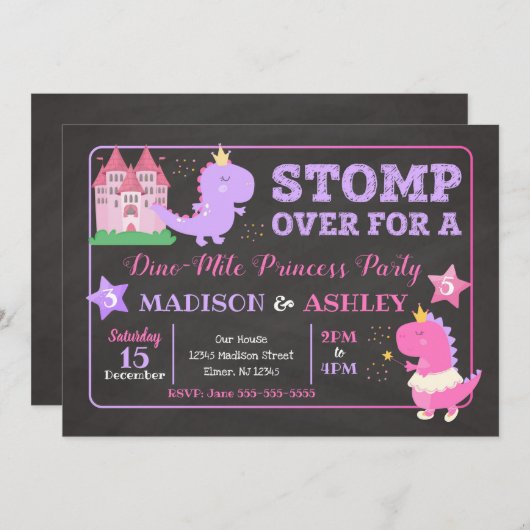 Invitation d'anniversaire conjointe de Dinosaur po (Devant / Derrière)