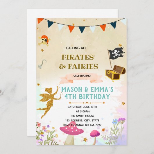 Invitation d'anniversaire conjointe de fées et de  (Devant / Derrière)