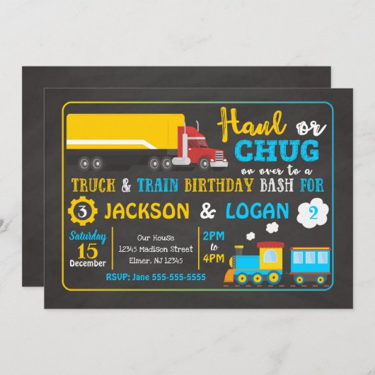 Invitation d'anniversaire conjointe de semi-camion (Devant / Derrière)