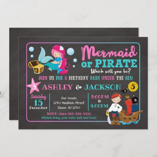 Invitation d'anniversaire conjointe de Sirène et d (Devant / Derrière)