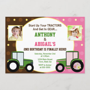 Invitation d'anniversaire conjointe d'un tracteur 