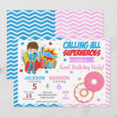 Invitation d'anniversaire conjointe Super-héros & (Devant / Derrière)