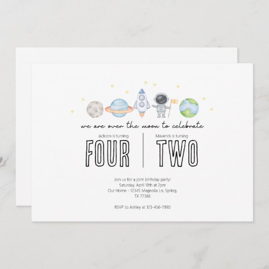 Invitation d'anniversaire conjointe - Thème spatia (Devant / Derrière)