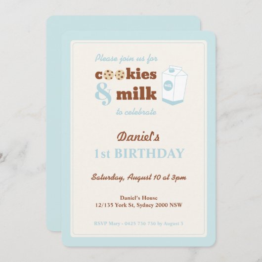 Invitation d'anniversaire Cookies et Lait, Bleu (Devant / Derrière)