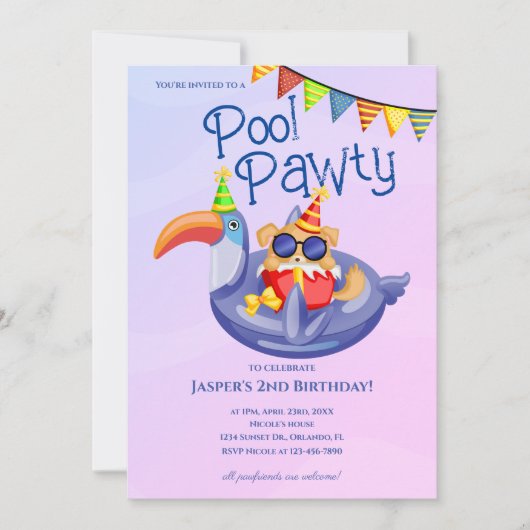 Invitation d'anniversaire Cool Dog Pool Party (Devant)