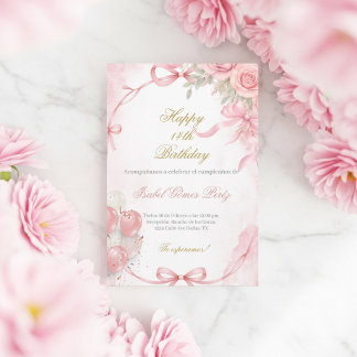 Invitation d'anniversaire coquette rose en espagno