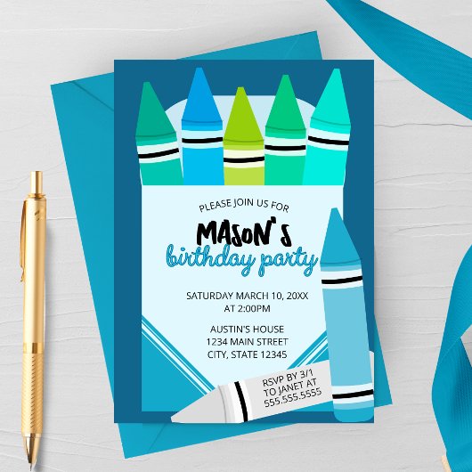 Invitation d'anniversaire crayon bleu et sarcelle