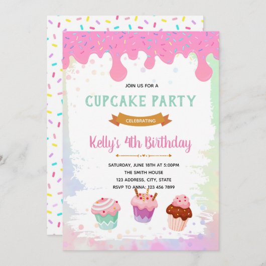 Invitation d'anniversaire cupcake (Devant / Derrière)