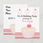 Invitation d'anniversaire Cupcake Rose (Devant / Derrière)