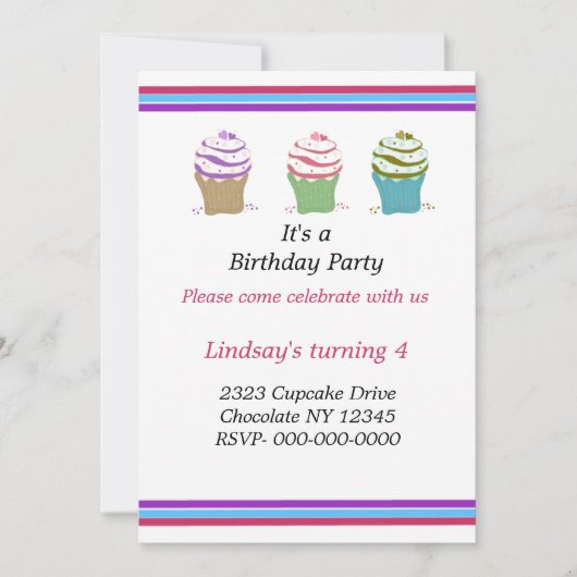 Invitation d'anniversaire Cupcakes Tourbillons (Devant)