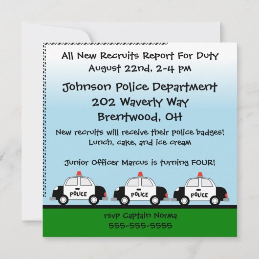 Invitation d'anniversaire Customisée par la police (Dos)