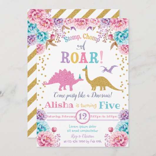 Invitation d'anniversaire Cute Dinosaur (Devant / Derrière)