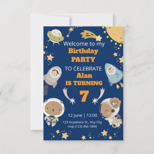 Invitation d'anniversaire Cute Space (Devant)