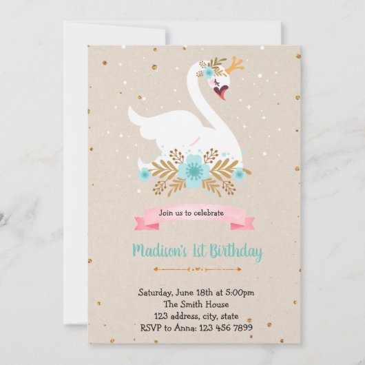 Invitation d'anniversaire cygne fleur bleue (Devant)