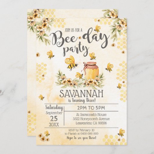 Invitation d'anniversaire d'abeilles (Devant / Derrière)