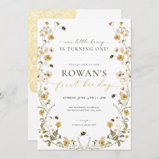 Invitation d'anniversaire d'abeilles 1er Invitatio (Devant / Derrière)