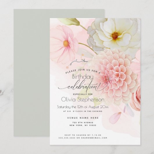 Invitation d'anniversaire Dahlia pour son invitati (Devant / Derrière)