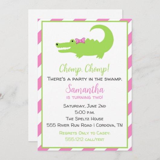 Invitation d'anniversaire d'alligator pour les fil (Devant / Derrière)