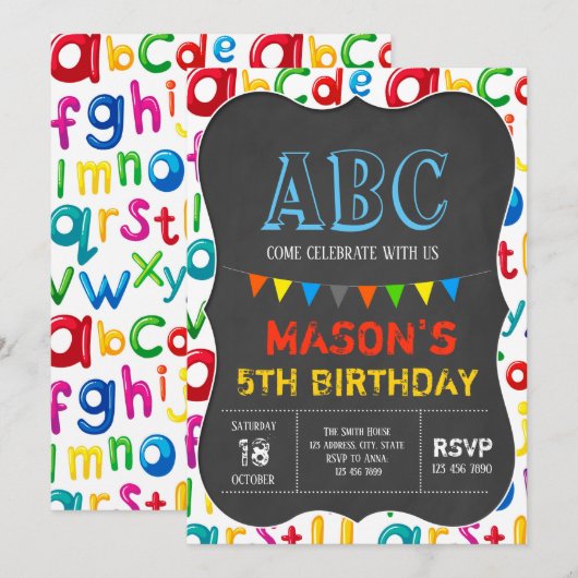 Invitation d'anniversaire d'alphabet (Devant / Derrière)