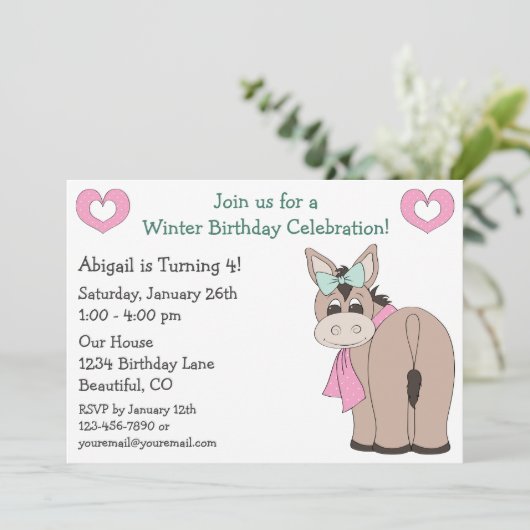 Invitation d'anniversaire d'âne d'hiver pour les f (Debout devant)