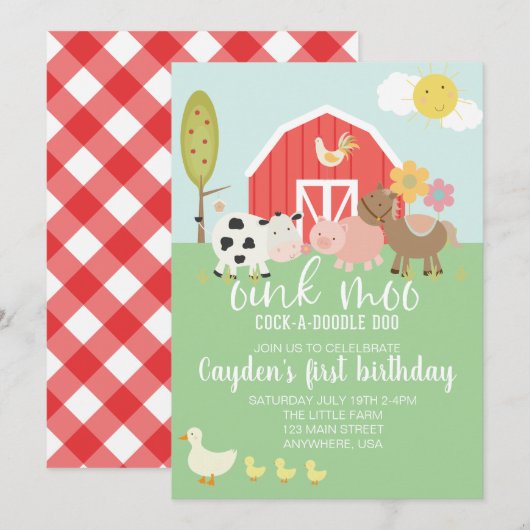 Invitation d'anniversaire d'animal de ferme à carr (Devant / Derrière)