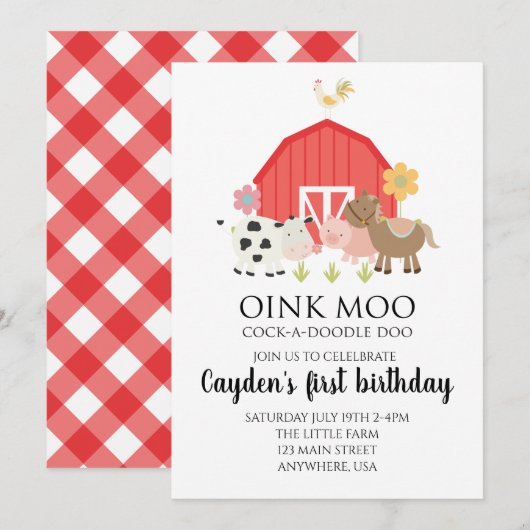 Invitation d'anniversaire d'animal de ferme à carr (Devant / Derrière)