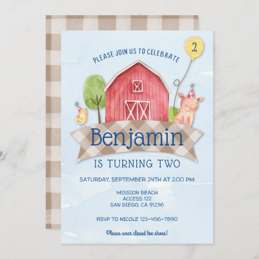 invitation d'anniversaire d'animal de ferme, ANIMA (Devant / Derrière)