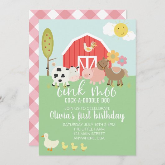 Invitation d'anniversaire d'animal de ferme avec p (Devant / Derrière)