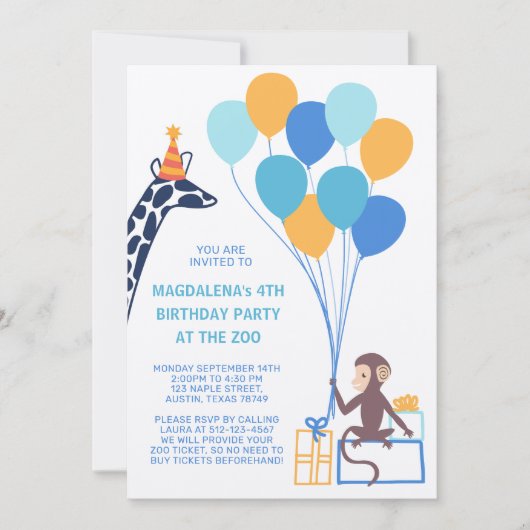 Invitation d'anniversaire d'animal de zoo (Devant)