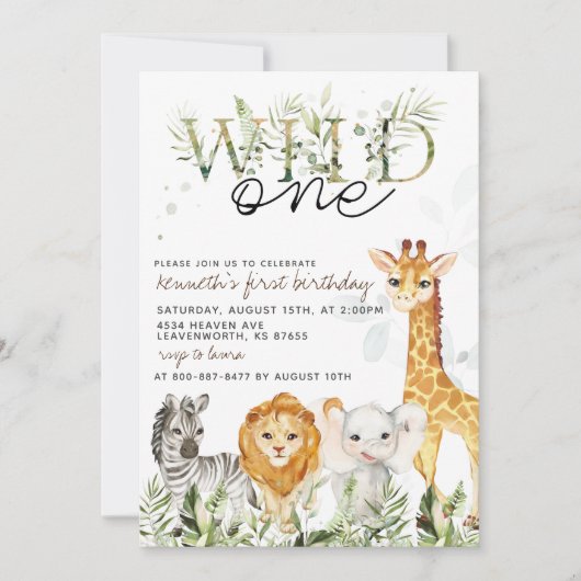 Invitation d'anniversaire d'animal de zoo Wild One (Devant)