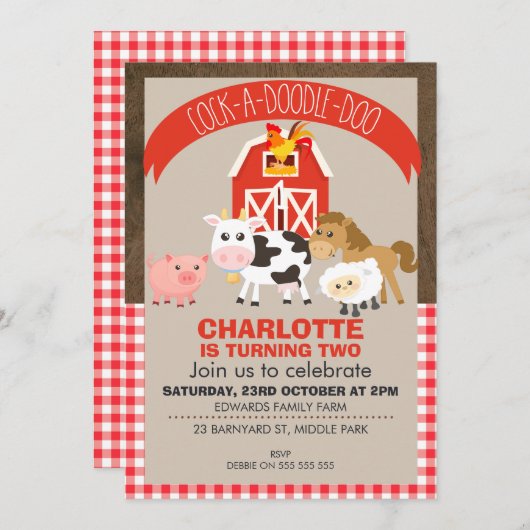 Invitation d'anniversaire d'animaux de basse-cour (Devant / Derrière)