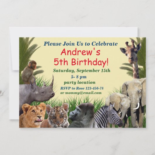 Invitation d'anniversaire d'animaux de safari (Devant)