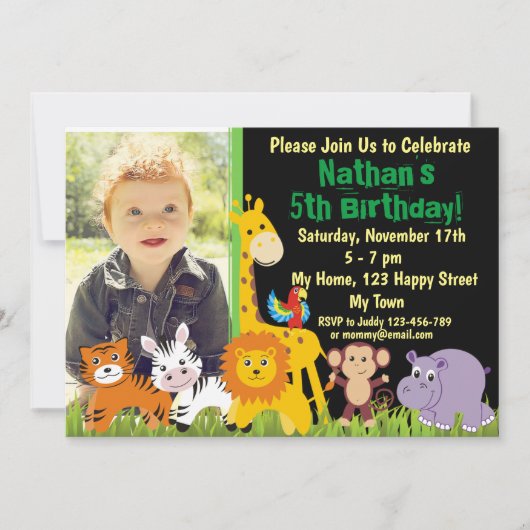Invitation d'anniversaire d'animaux de safari d'an (Devant)