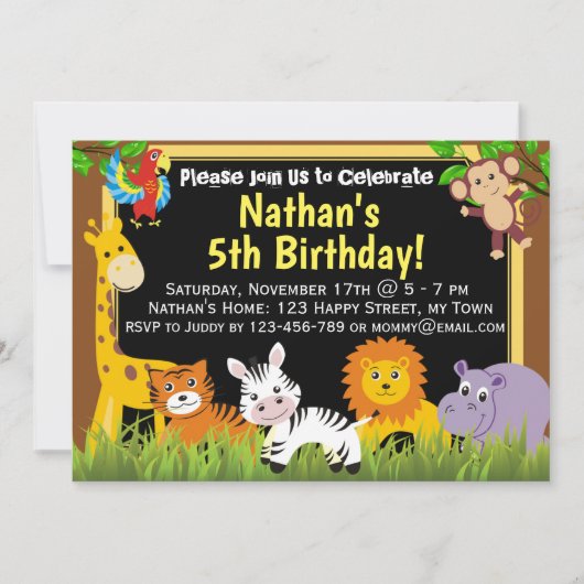 Invitation d'anniversaire d'animaux de safari d'an (Devant)