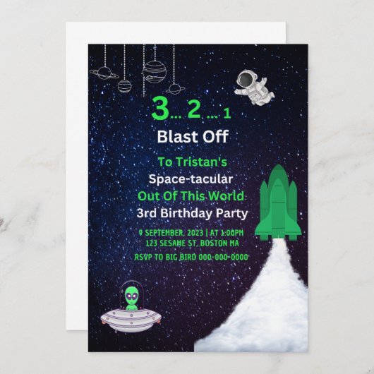 Invitation d'anniversaire dans l'espace (Devant / Derrière)